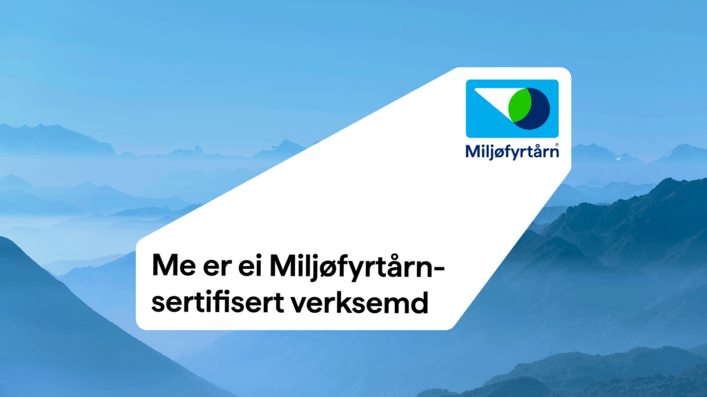 Logoen til Miljøfyrtårn på blå bakgrunn som illustrerer fjellandskap.